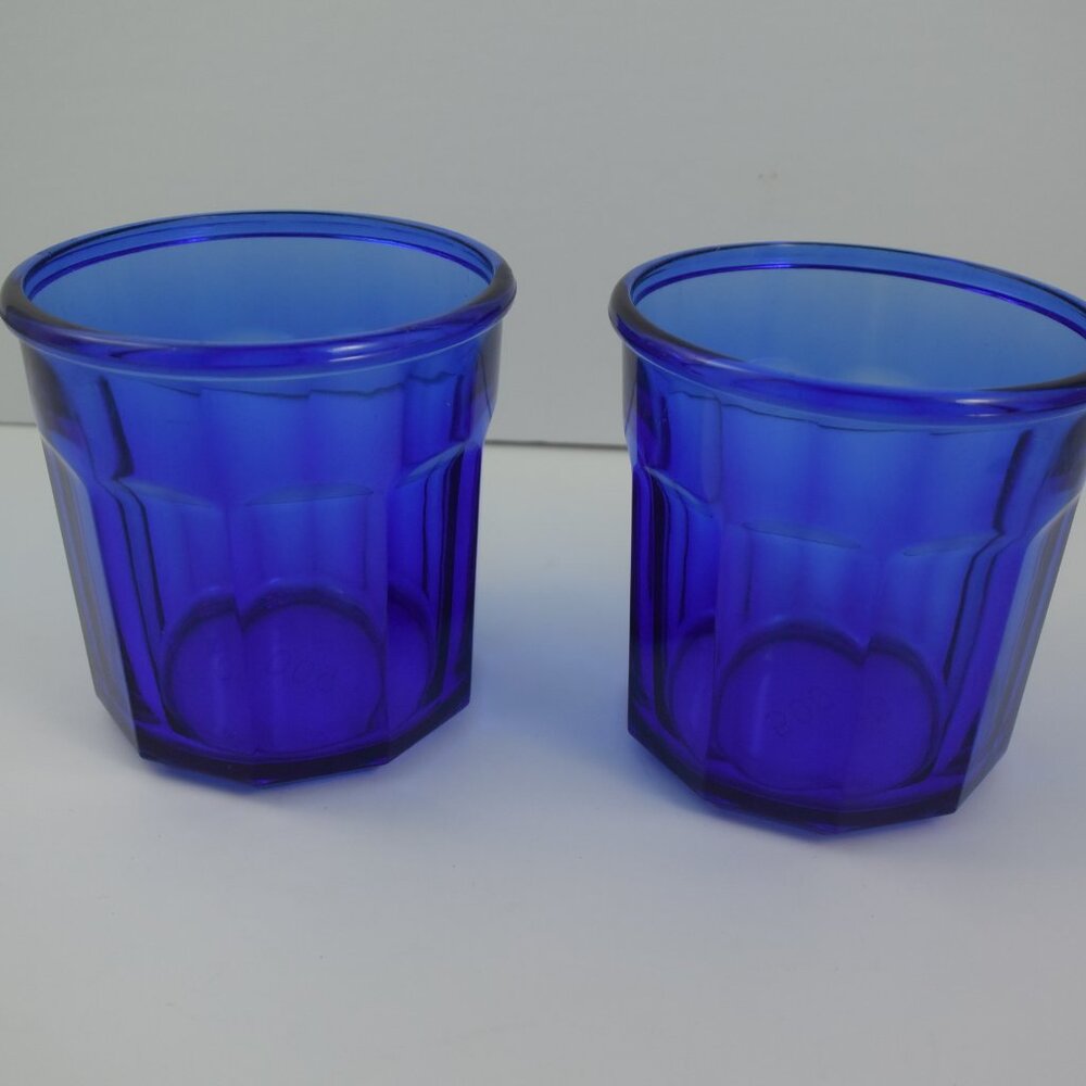 2 Vintage Luminarc France Cobalt Blue 500ml 10 Panel Drink Glasses / Tumblers